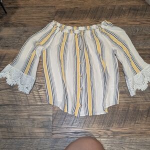 Striped Off-Shoulder Blouse with Lace Sleeves